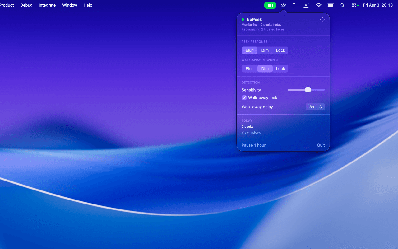 NoPeek menubar interface showing protection modes, detection settings, and peek history